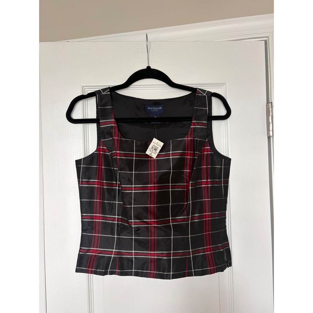 Ann Taylor Petites Silk Plaid Shell Top Red Black Square Neck NWT 4P - Picture 1 of 7